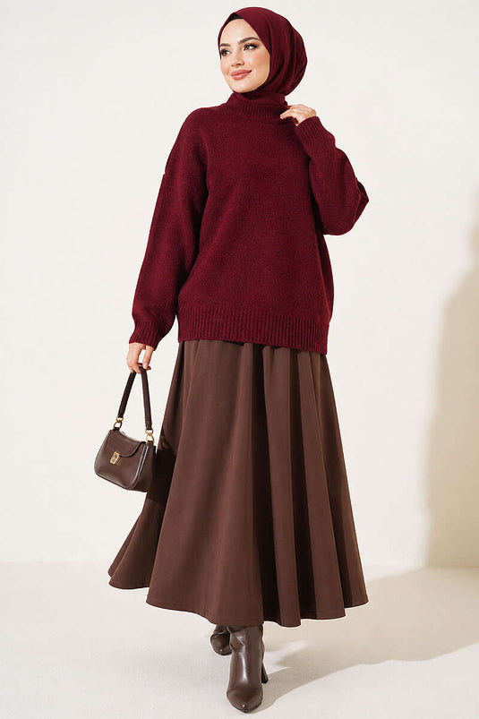 Basic Düşük Kollu Triko Tunik Bordo