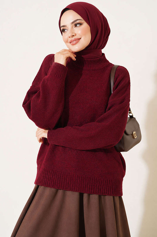 Basic Düşük Kollu Triko Tunik Bordo