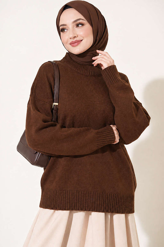 Basic Düşük Kollu Triko Tunik Kahve