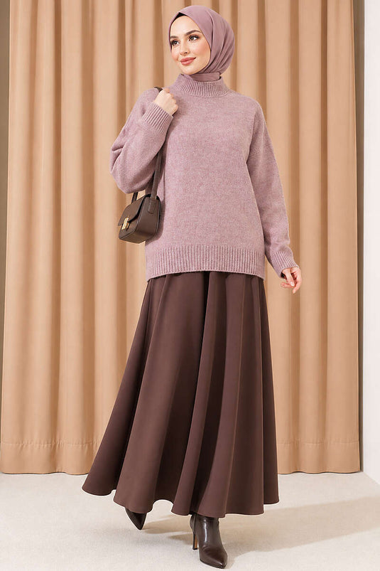 Basic Düşük Kollu Triko Tunik Pudra