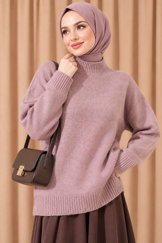 Basic Düşük Kollu Triko Tunik Pudra