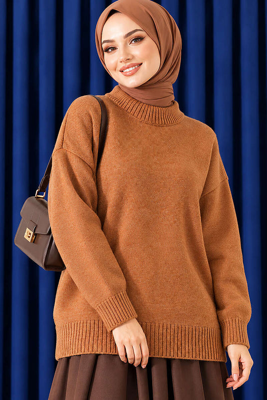 Basic Düşük Kollu Triko Tunik Taba