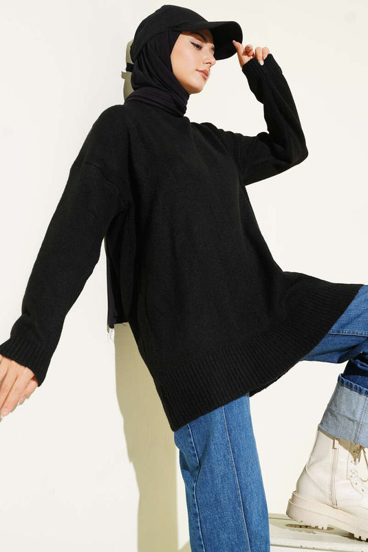 Basic Off-Shoulder Loose Knit Tunic Black