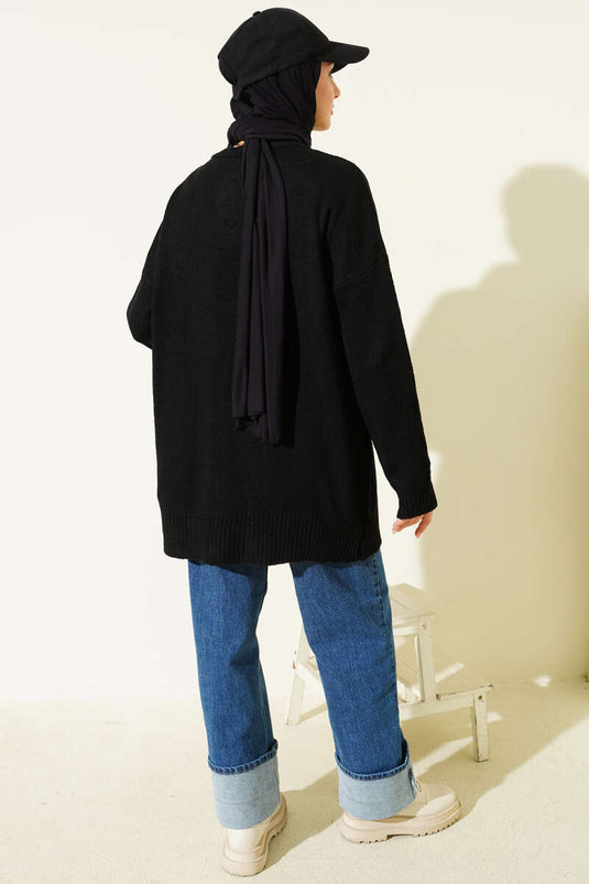 Basic Off-Shoulder Loose Knit Tunic Black