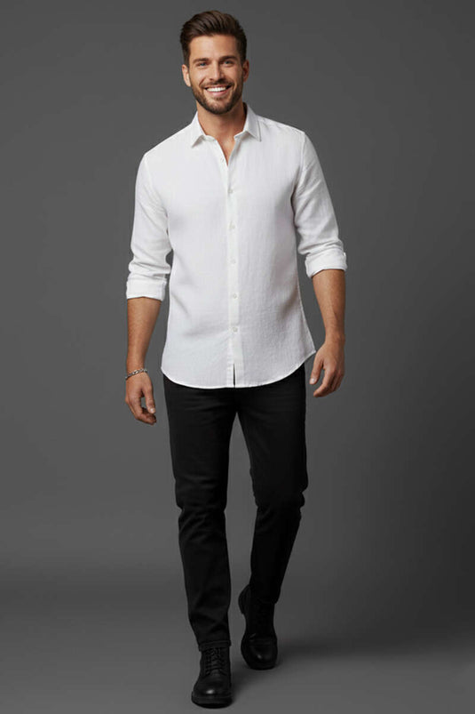 Eenvoudig Heren Linnen Overhemd Wit