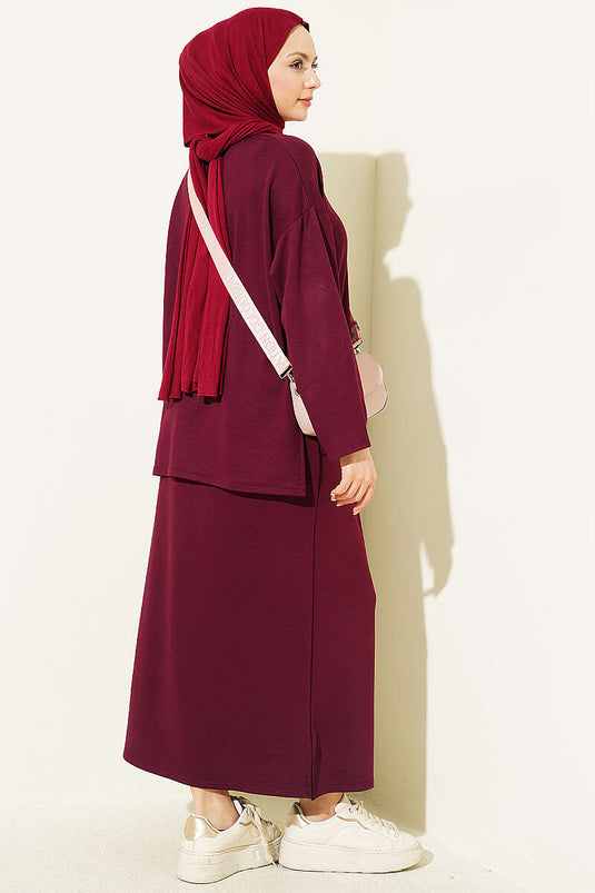Basic Two-Piece Set with Skirt in Burgundy