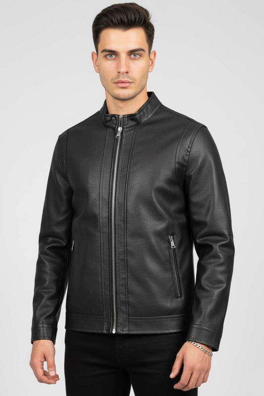 Schwarze Lederjacke mit Reißverschluss