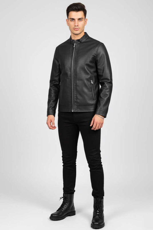 Schwarze Lederjacke mit Reißverschluss