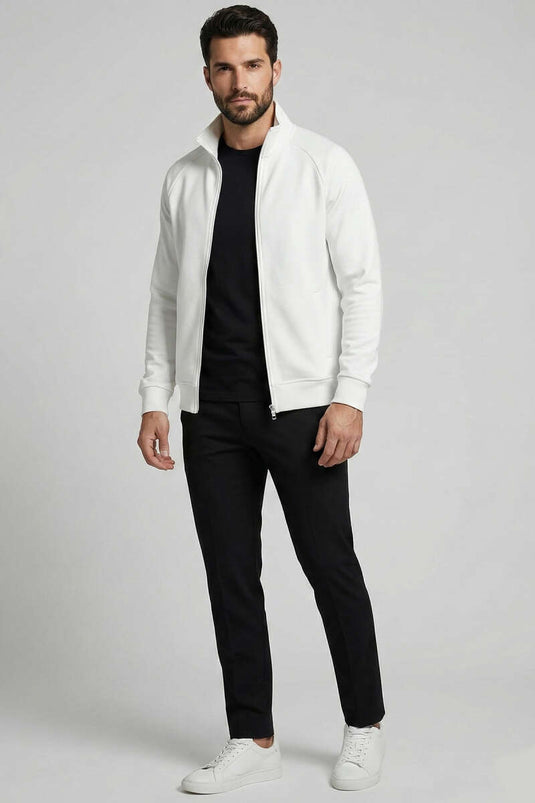 سترة رجالية أساسية بسحاب بلون عاجي