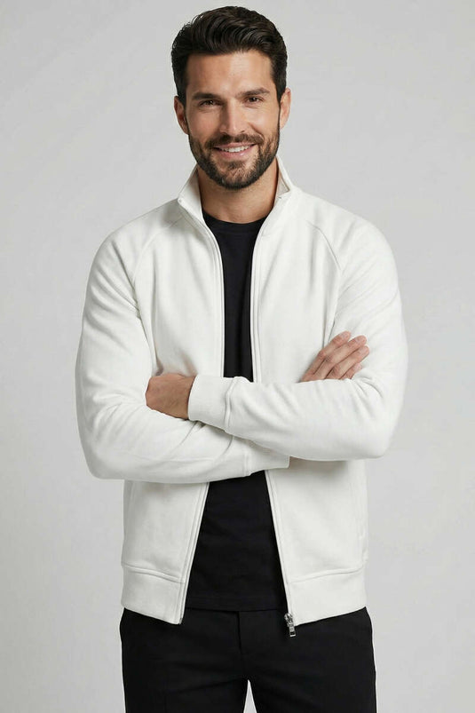 سترة رجالية أساسية بسحاب بلون عاجي