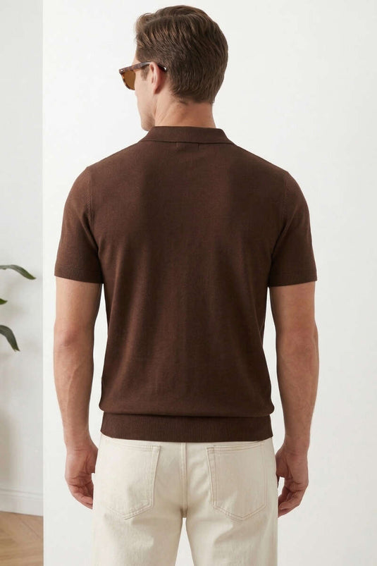 Basic Fermuarlı Merserize Erkek T-shirt Kahve