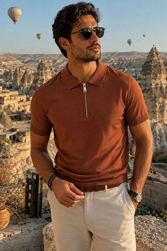 T-shirt homme basique en coton mercerisé avec fermeture éclair, couleur brique