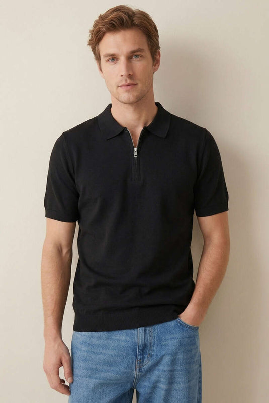Basic Mercerized Men's T-shirt with Zipper Black