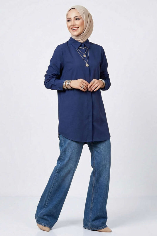 Chemise basique à boutons cachés bleu marine