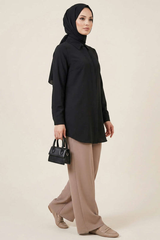 Basic Hidden Button Shirt Black