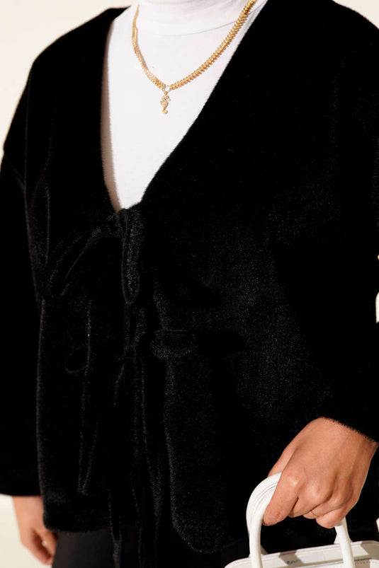 Basic İp Detaylı Sakallı Ceket Siyah