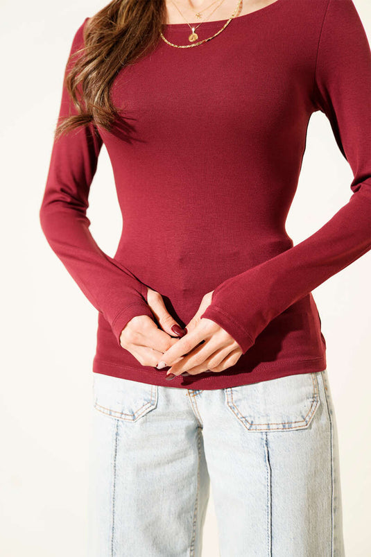 Basic Boat Neck Blouse Burgundy