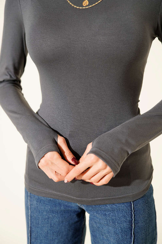 Basic Boat Neck Blouse, Dark Gray