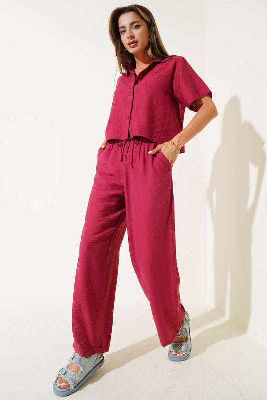 Basic Short-Sleeve Shirt Two-Piece Set in Burgundy