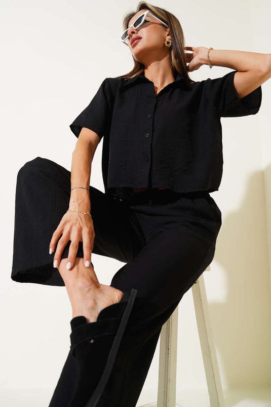 Basic Short-Sleeve Shirt Two-Piece Set, Black