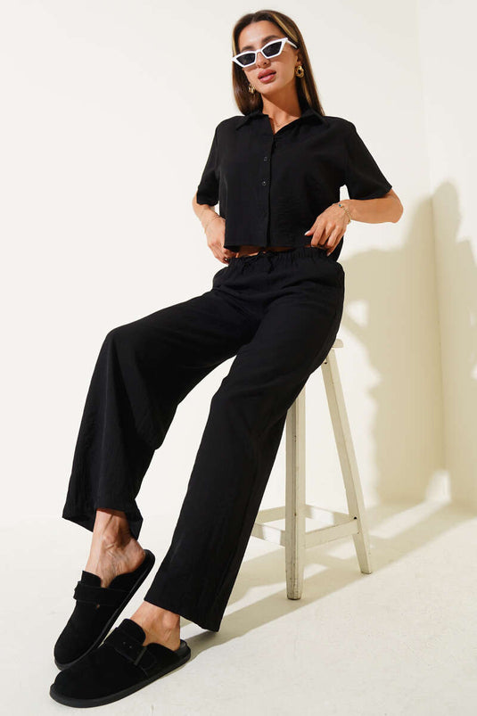 Basic Short-Sleeve Shirt Two-Piece Set, Black