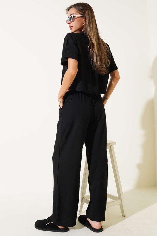 Basic Short-Sleeve Shirt Two-Piece Set, Black