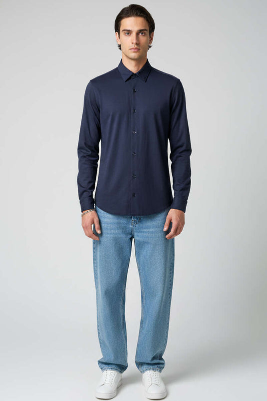 Chemise à poignets basiques pour homme, bleu marine