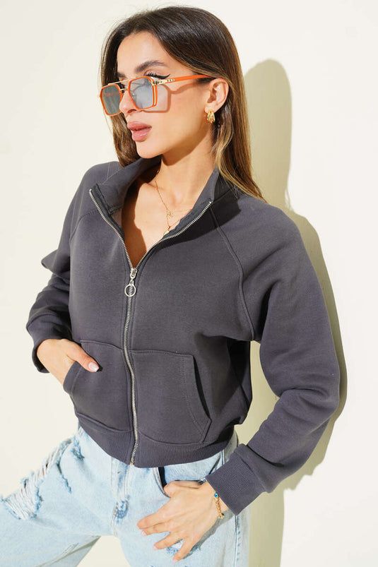 كارديجان قصير أساسي بسحاب أمامي، رمادي داكن