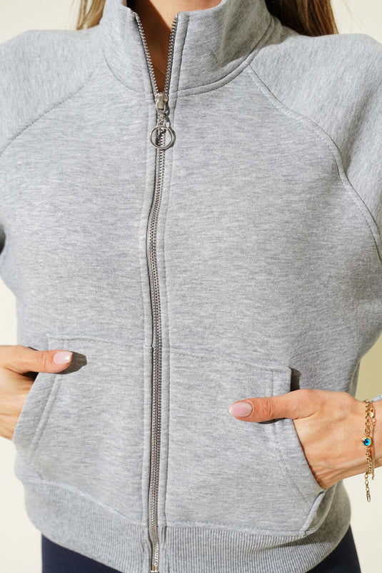 كارديجان قصير رمادي بسحاب أمامي أساسي