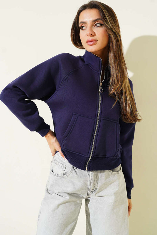 كارديجان قصير أساسي بسحاب أمامي، أزرق داكن