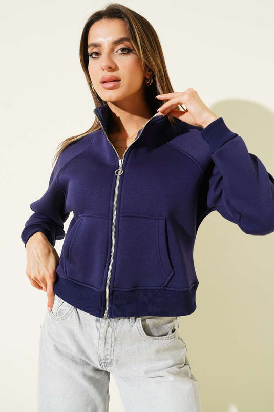 كارديجان قصير أساسي بسحاب أمامي، أزرق داكن