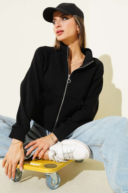 كارديجان قصير أسود بسحاب أمامي