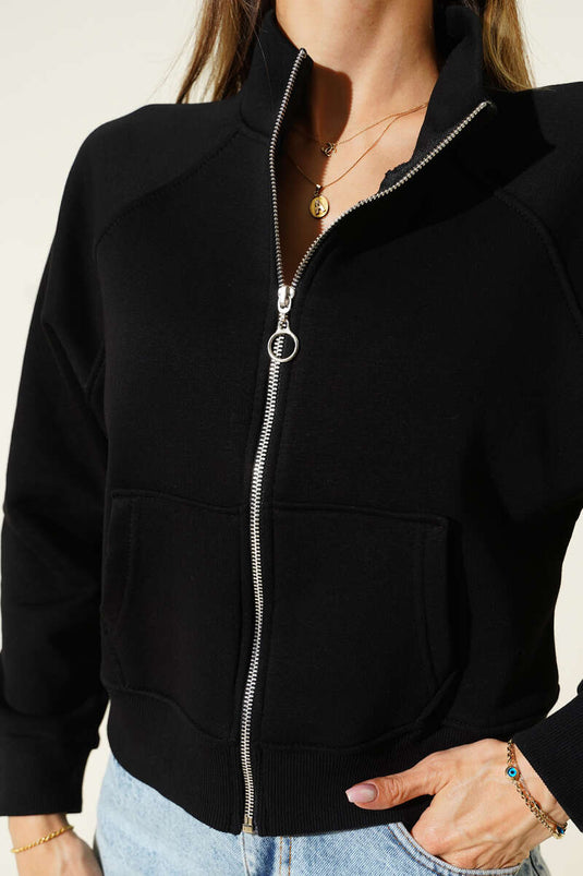 Basic Önü Fermuarlı Kısa Hırka Siyah