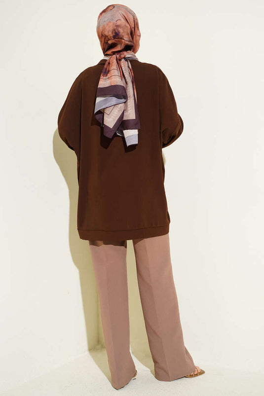 Basic Oversize Düğmeli Hırka Kahve