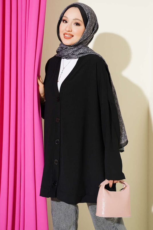 Basic Oversize Düğmeli Hırka Siyah
