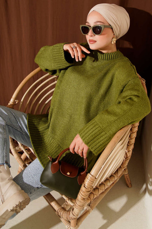 Basic Oversize Knit Tunic Oil Green