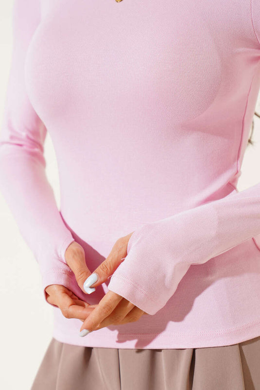 Basic Blouse with Finger Closure Detail, Pink