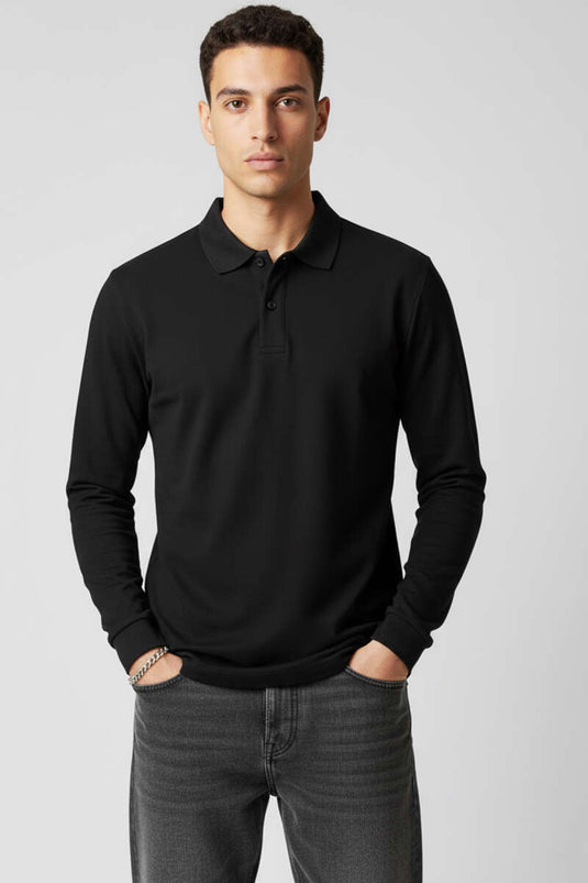 سويت شيرت أسود بأكمام طويلة وياقة بولو