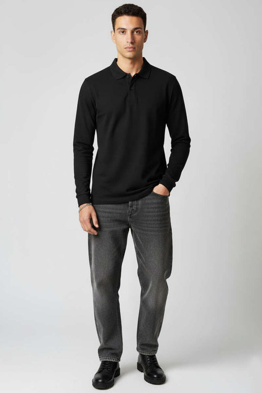 سويت شيرت أسود بأكمام طويلة وياقة بولو