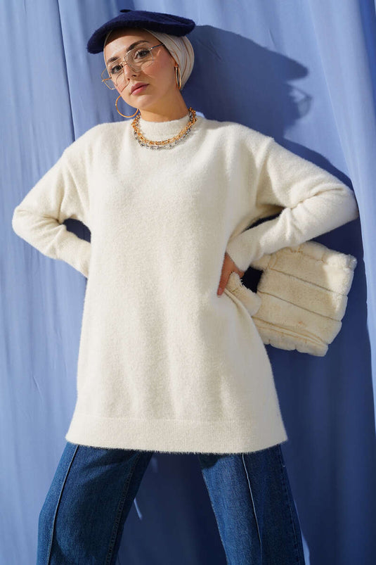 Basic Beige Knitted Tunic with Beard Pattern