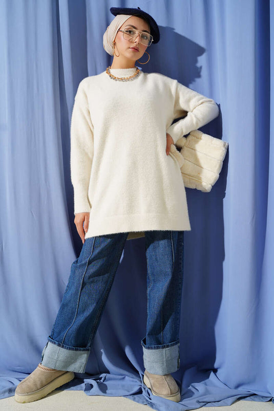 Basic Beige Knitted Tunic with Beard Pattern