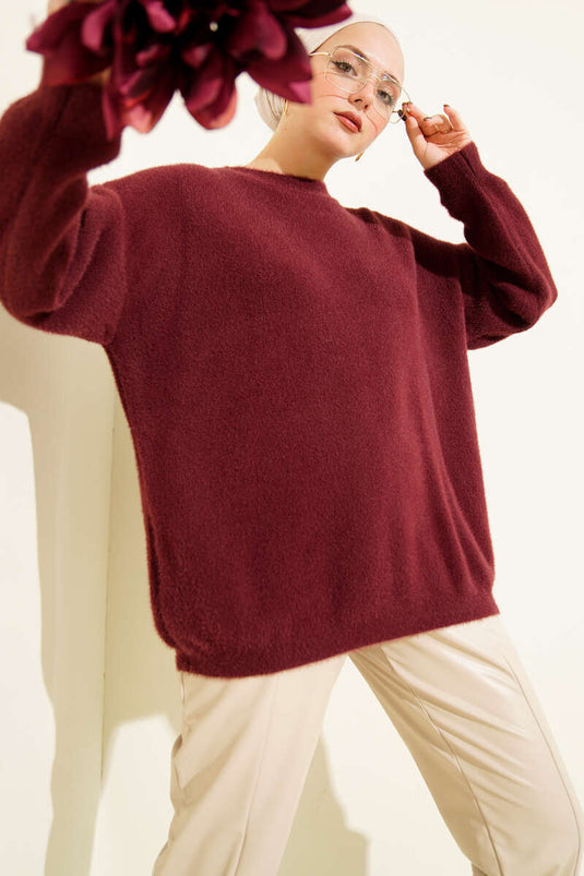 Basic Sakallı Yumoş Triko Tunik Bordo