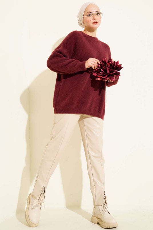 Tunique basique en maille douce et duveteuse bordeaux