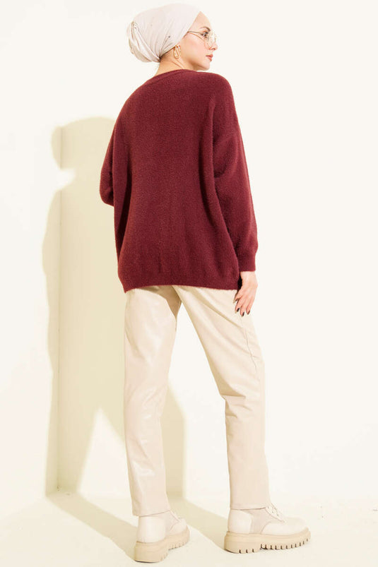 Tunique basique en maille douce et duveteuse bordeaux