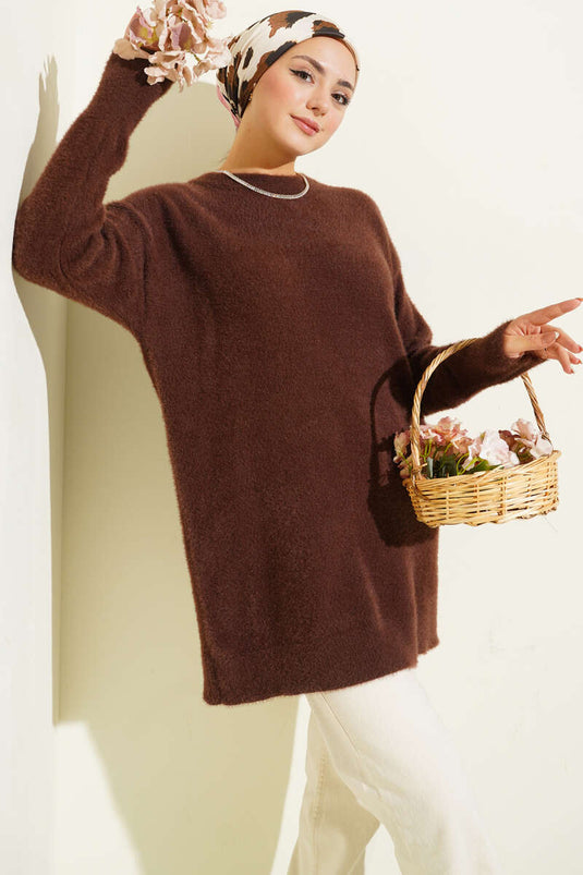 Basic Sakallı Yumoş Triko Tunik Kahve