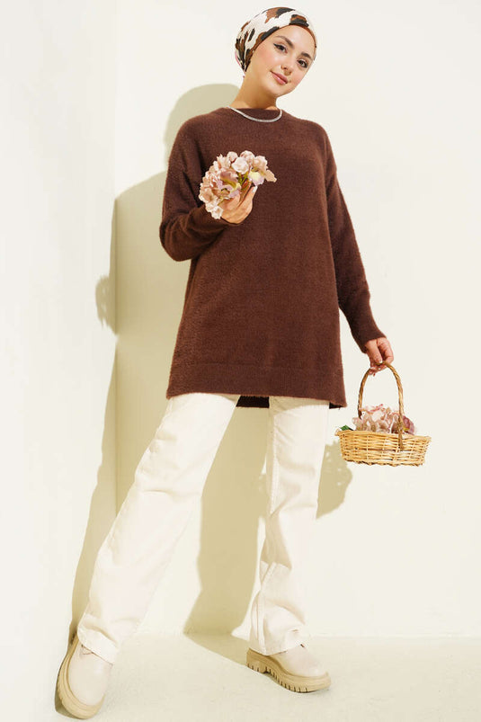 Basic Sakallı Yumoş Triko Tunik Kahve