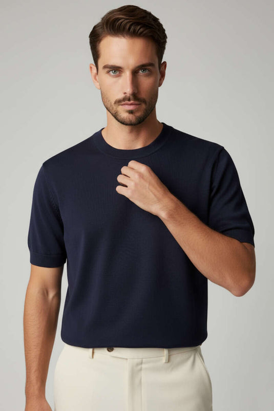T-shirt tricot homme col rond basique bleu marine