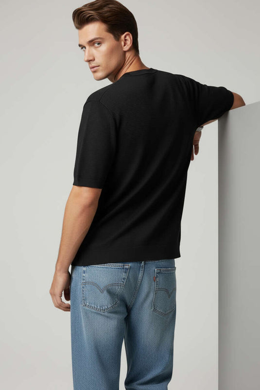 Basic Rundhals Herren Strick T-Shirt Schwarz