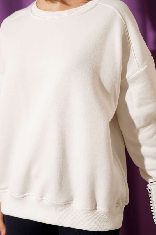 سويت شيرت قصير أساسي بثلاثة خيوط، لون بيج فاتح