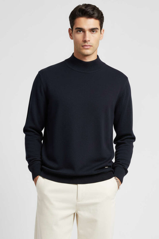 كنزة رجالية أساسية بياقة نصف عالية، لون كحلي